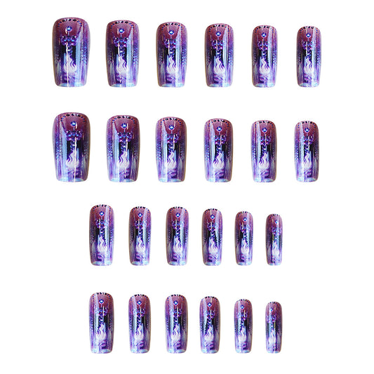 Celestial Dreams Medium Square Purple Ombre Nail Set with Gemstone Accents