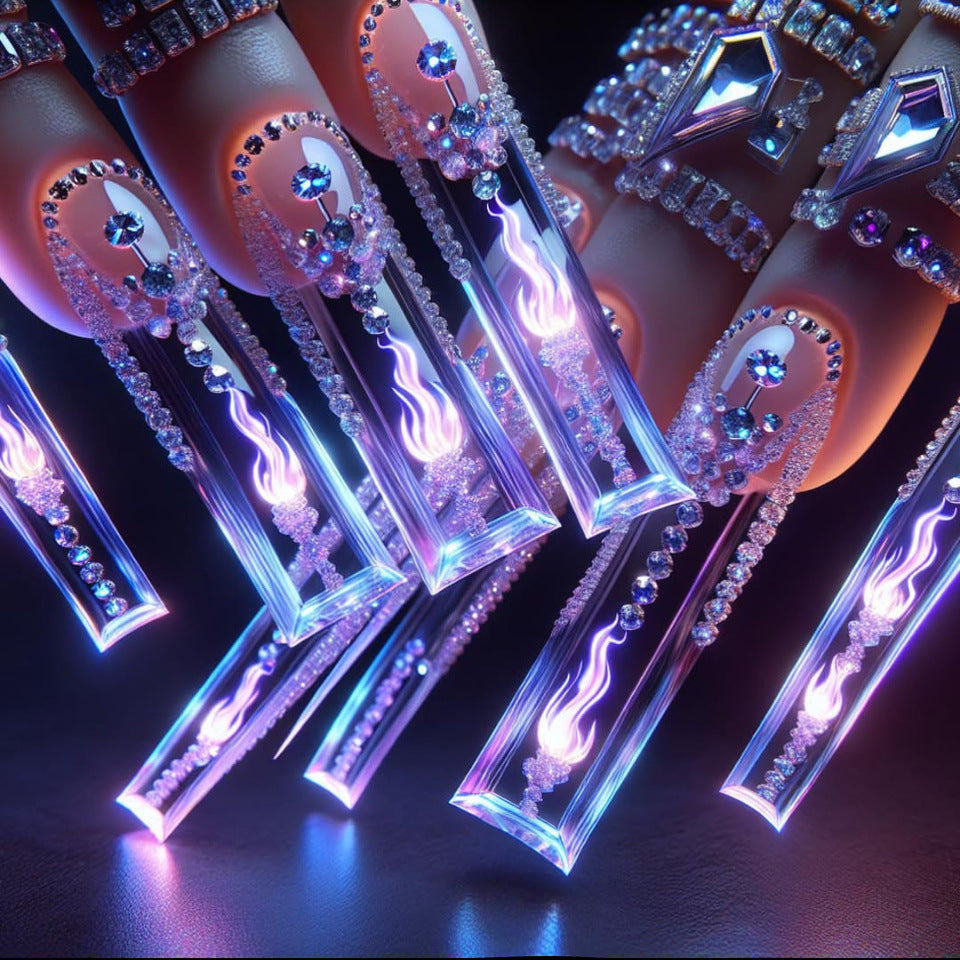Mystical Radiance Long Square Clear Nails with Glittering Gems and Illuminating Flames