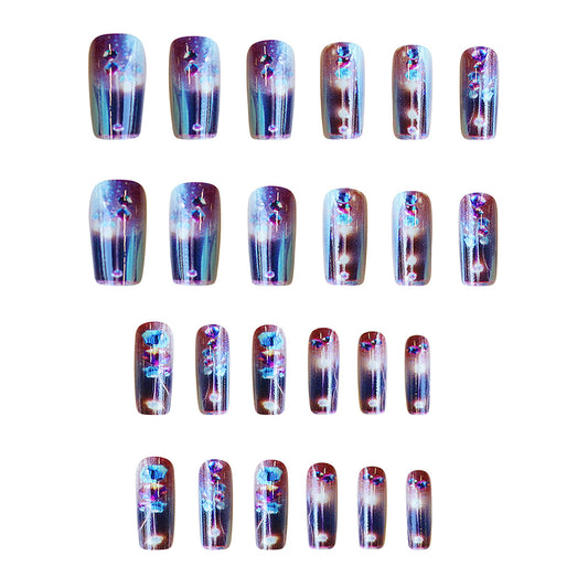 Mystical Garden Long Square Multicolored Floral Design Press On Nail Set