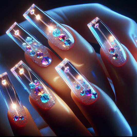 Cosmic Illumination Long Square Transparent Glitter Nails with Iridescent Accents