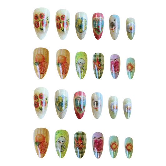 Charming Garden Inspired Medium Almond Multi-Colored Press On Nail Set with Whimsical Fruit and Animal Designs