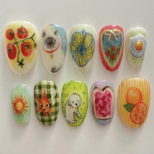 Whimsical Nature Inspired Short Oval Colorful Press On Nail Set with Charming Illustrations