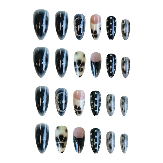 Mystical Elegance Medium Almond Black and Cream Ombré Design with Unique Abstract Patterns Press-On Nail Set