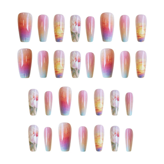 Whimsical Blossom Dream Long Coffin Gradient Pink with Floral Design Press On Nail Set