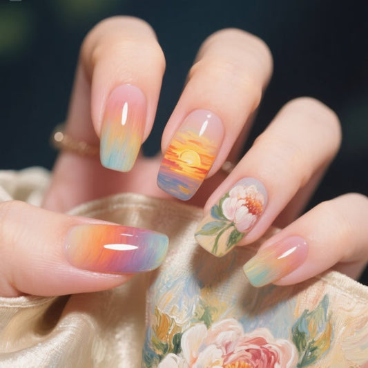 Sunset Dream Floral Long Square Press On Nails in Pastel Ombré with Artistic Landscape Design