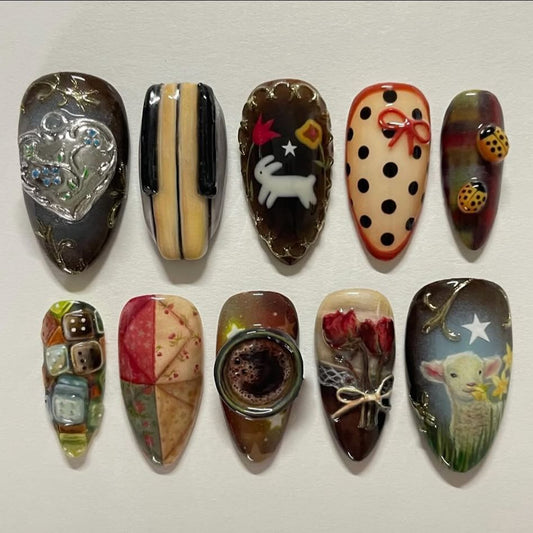 Whimsical Garden Theme Medium Almond Brown and Multicolor Press On Nail Set with Unique Painted Designs