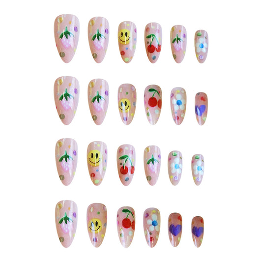 Cheerful Blossom Medium Almond Pink Press-On Nail Set Vibrant Floral and Smile Designs