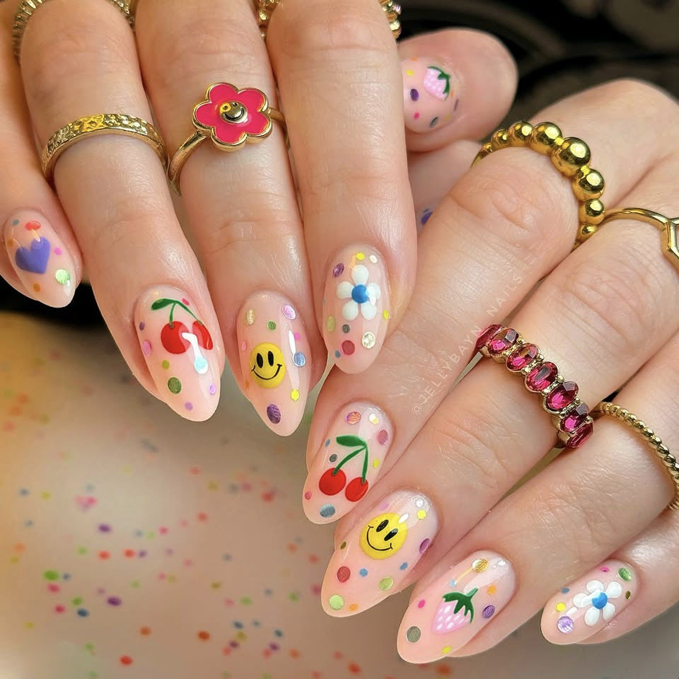 Whimsical Delight Short Almond Pink with Colorful Dots and Cheery Designs Press on Nail Set