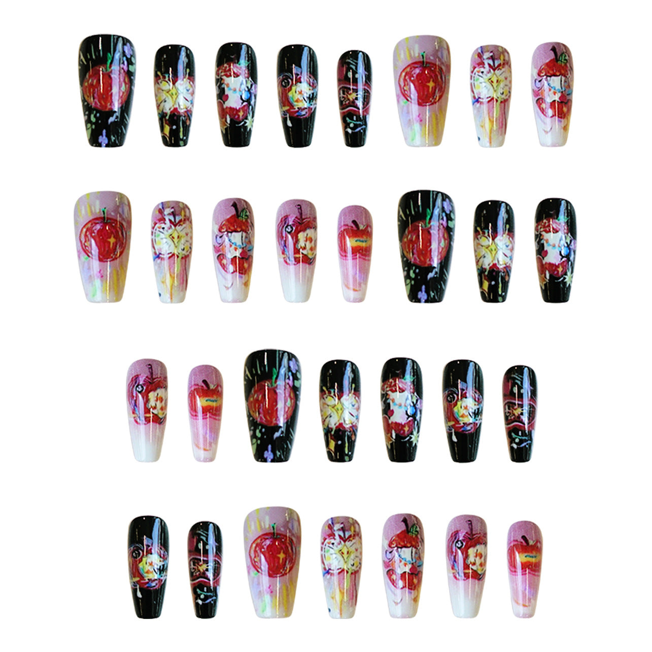Glamorous Garden Themed Long Coffin Shape Multicolor Nail Set with Unique Floral and Fruit Art Design