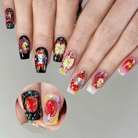Whimsical Garden Square Long Red and Black Nail Set with Colorful Hand-Painted Fruit Designs