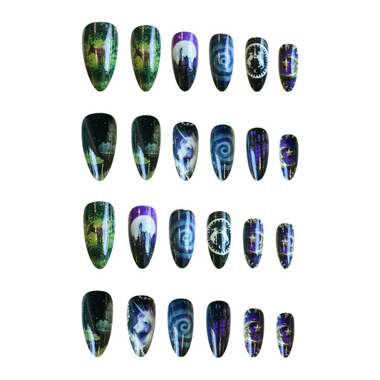 Mystical Night Themed Medium Almond Shape Dark Green and Deep Purple with Enchanting Forest and Celestial Designs Nail Set