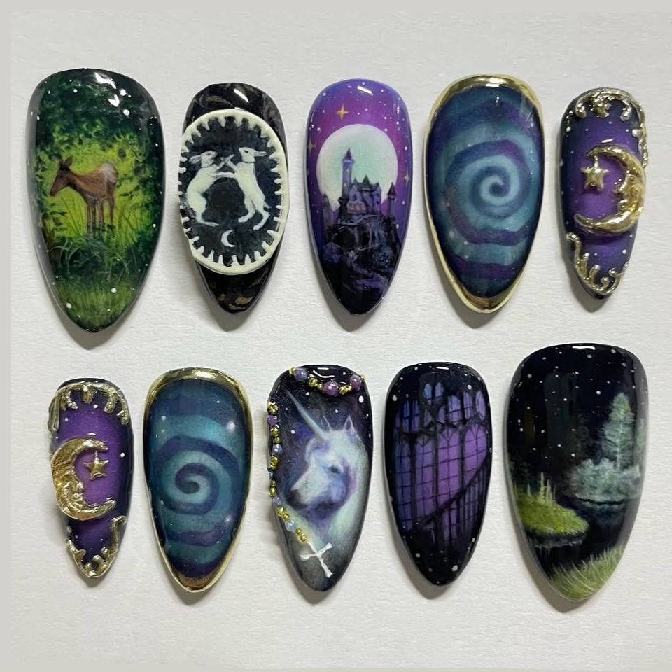 Enchanted Forest Fantasy Medium Almond Shape Deep Purple with Mystical Moon and Unicorn Accents Nail Set