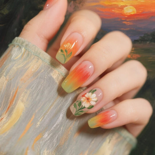 Sunset Bliss Long Coffin Gradient Floral Press On Nail Set with Vibrant Color Transition