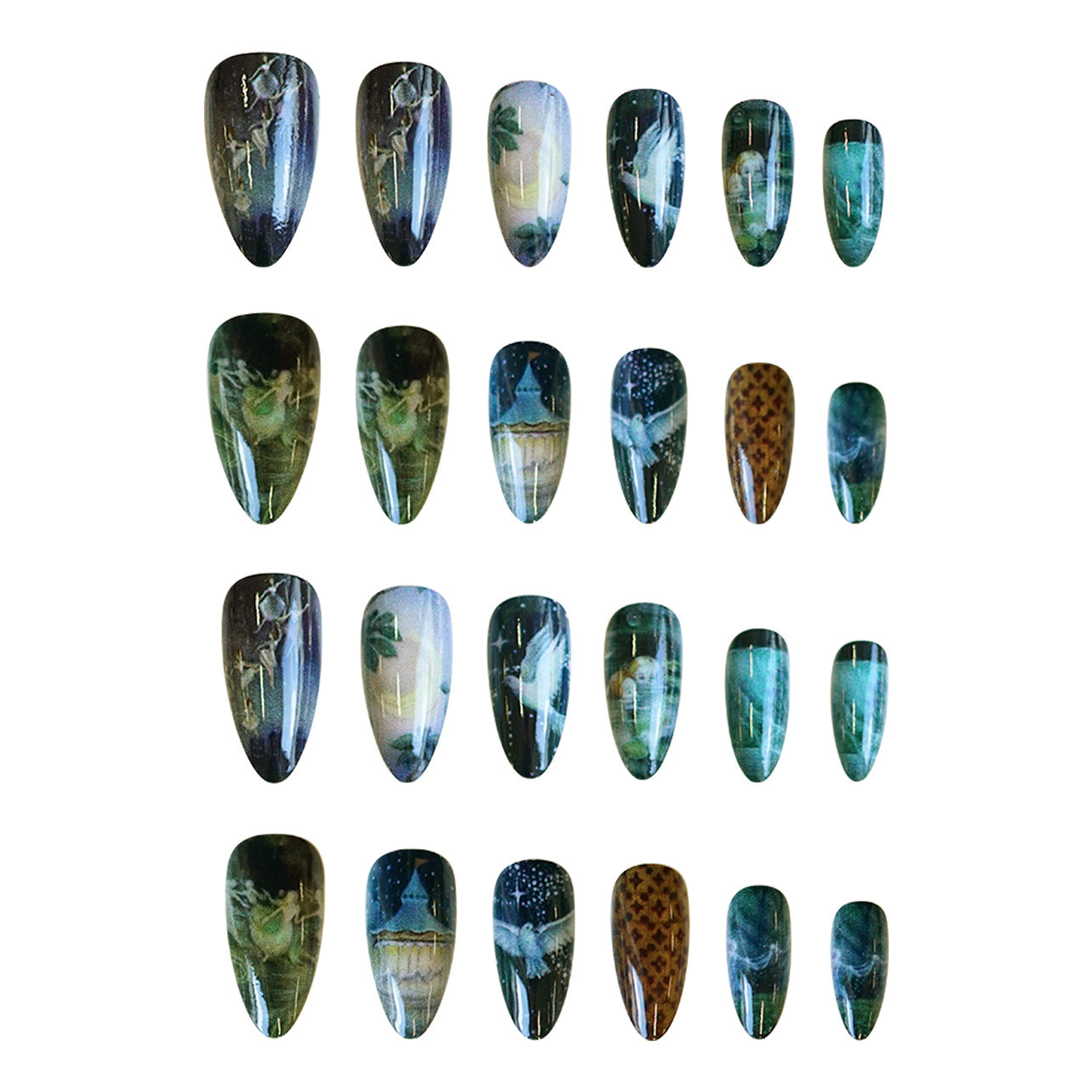 Mystical Forest Dream Medium Almond Green and Blue Gradient with Enchanting Nature Imagery Nail Set