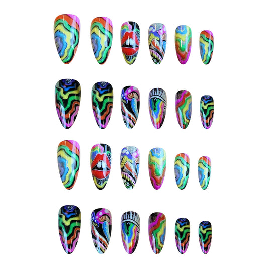 Vibrant Wonderland Medium Almond Shaped Multicolored with Unique Psychedelic Design Press on Nail Set