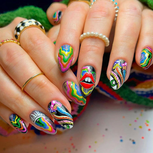 Artistic Vibes Medium Almond Multicolor with Unique Abstract Design Nail Set