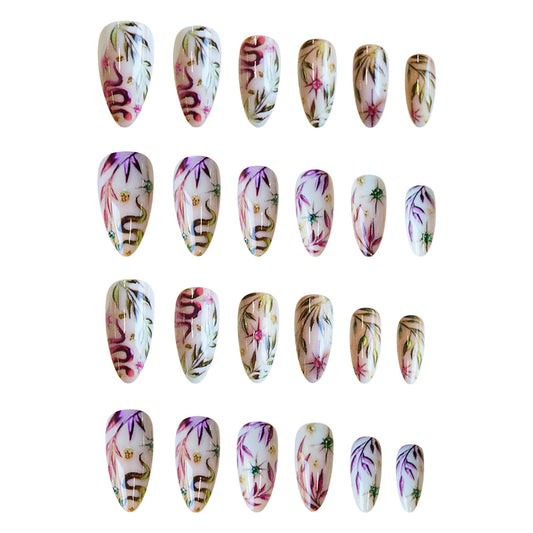 Serene Bamboo Dreams Long Almond Multicolored Floral Design Press-On Nail Set