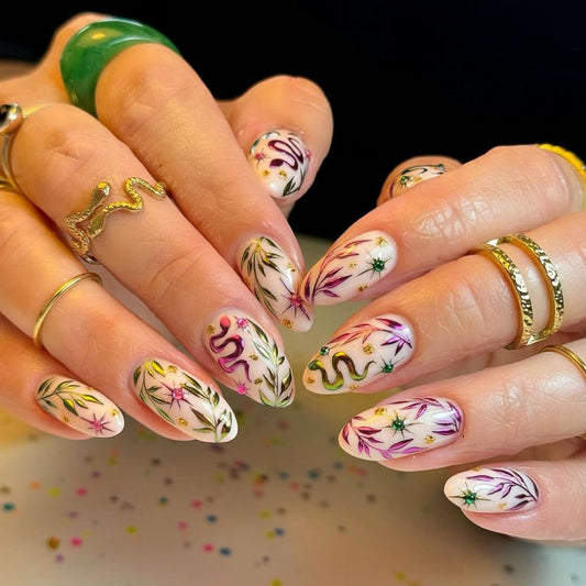 Botanical Fantasy Long Almond Lavender Floral Nails with Sparkling Accents