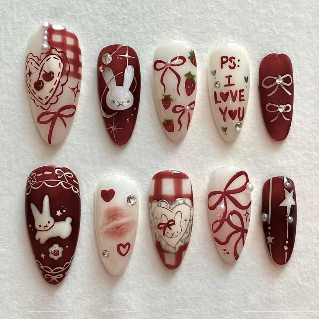 Sweet Romance Long Almond Red and White Press On Nail Set with Adorable Bunny and Heart Designs