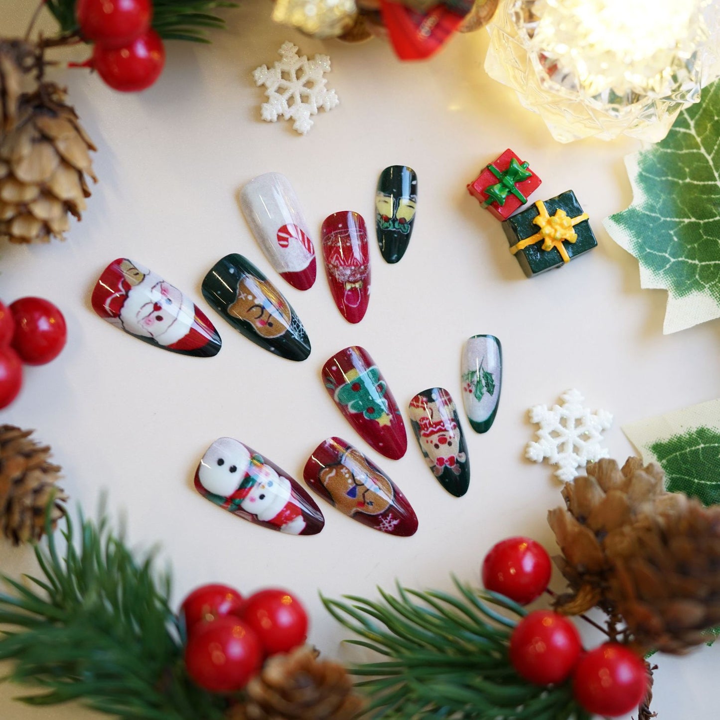 Festive Charm Long Almond Green and Red Holiday Themed Press On Nail Set with Fun Character Designs