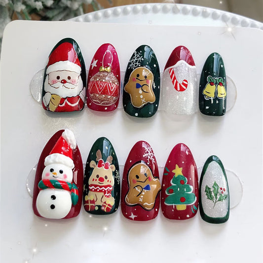 Set of Christmas-themed nail art designs on a white background