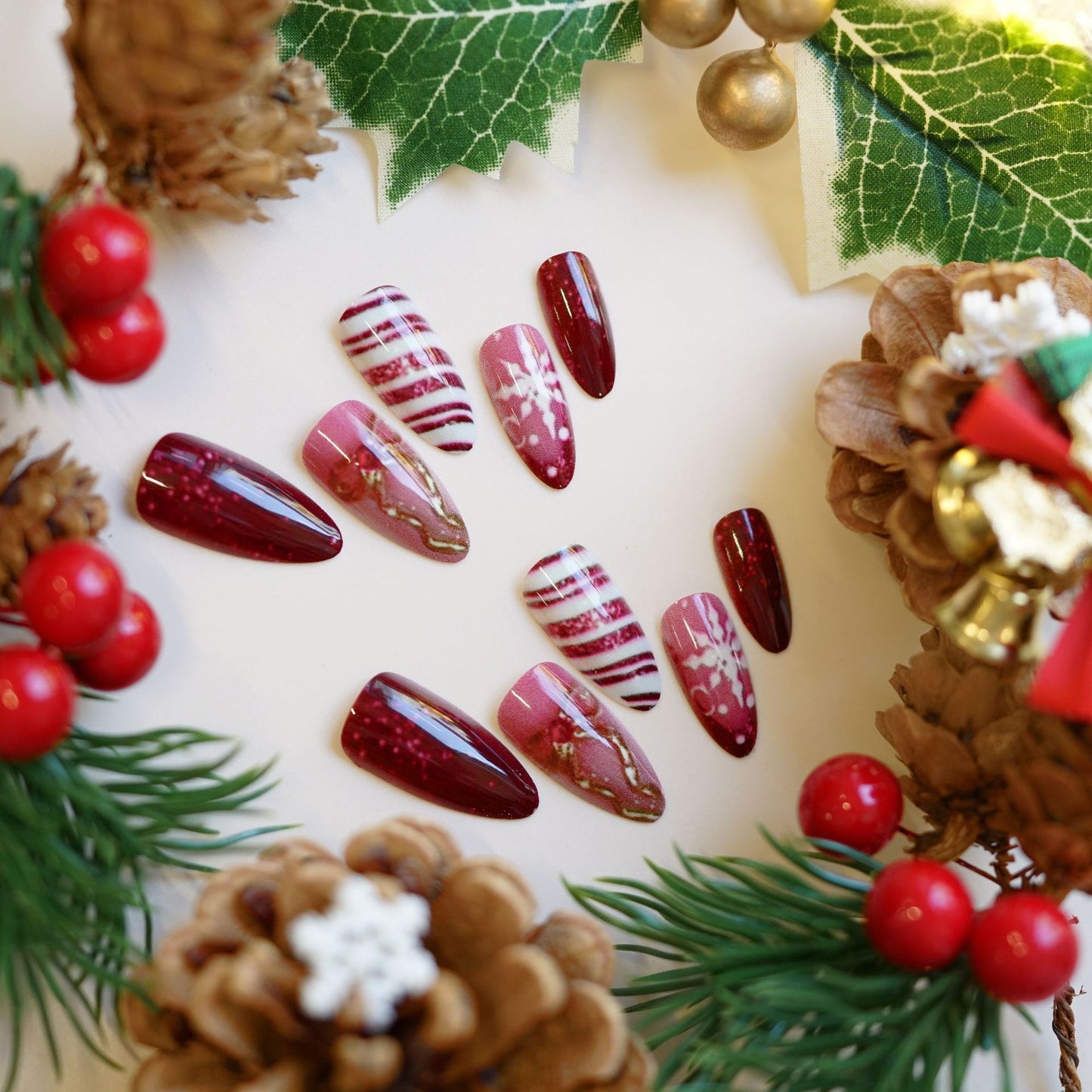 Festive Glamour Long Almond Burgundy Striped and Glittery Holiday Nail Set