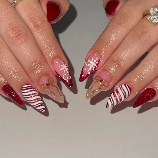 Festive Frosty Almond Red and Pink Long Almond Set with Holiday Bow and Candy Cane Design