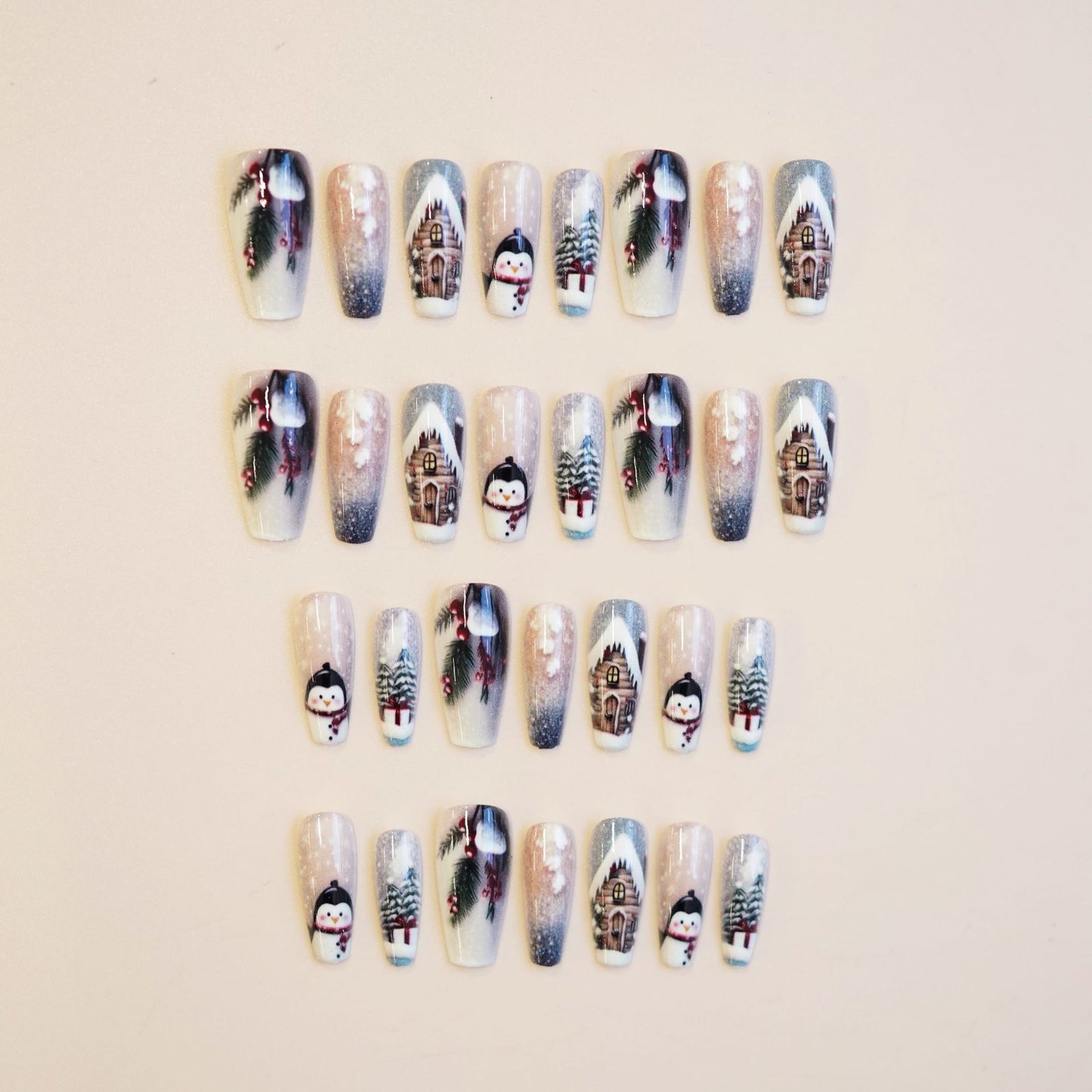 Winter Wonderland Long Coffin Shaped Icy Blue with Festive Penguin and Snowy Cabin Design Press-On Nail Set