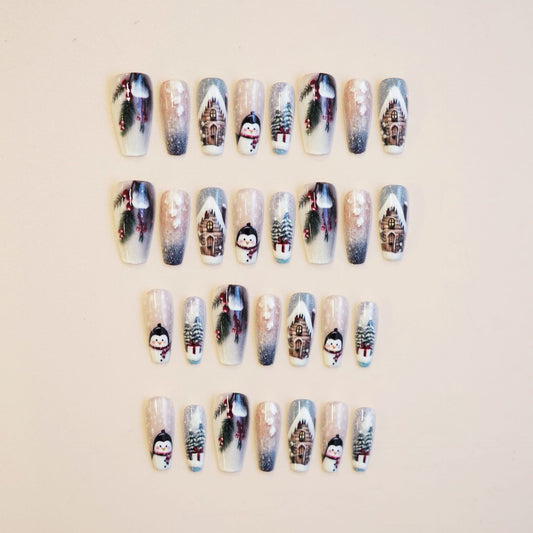 Winter Wonderland Long Coffin Shaped Icy Blue with Festive Penguin and Snowy Cabin Design Press-On Nail Set