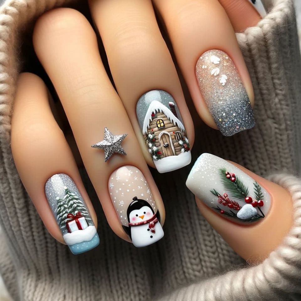 Winter Wonderland Square Press On Nail Set in Medium Length Shimmering Silver and Frosty White with Charming Holiday Designs