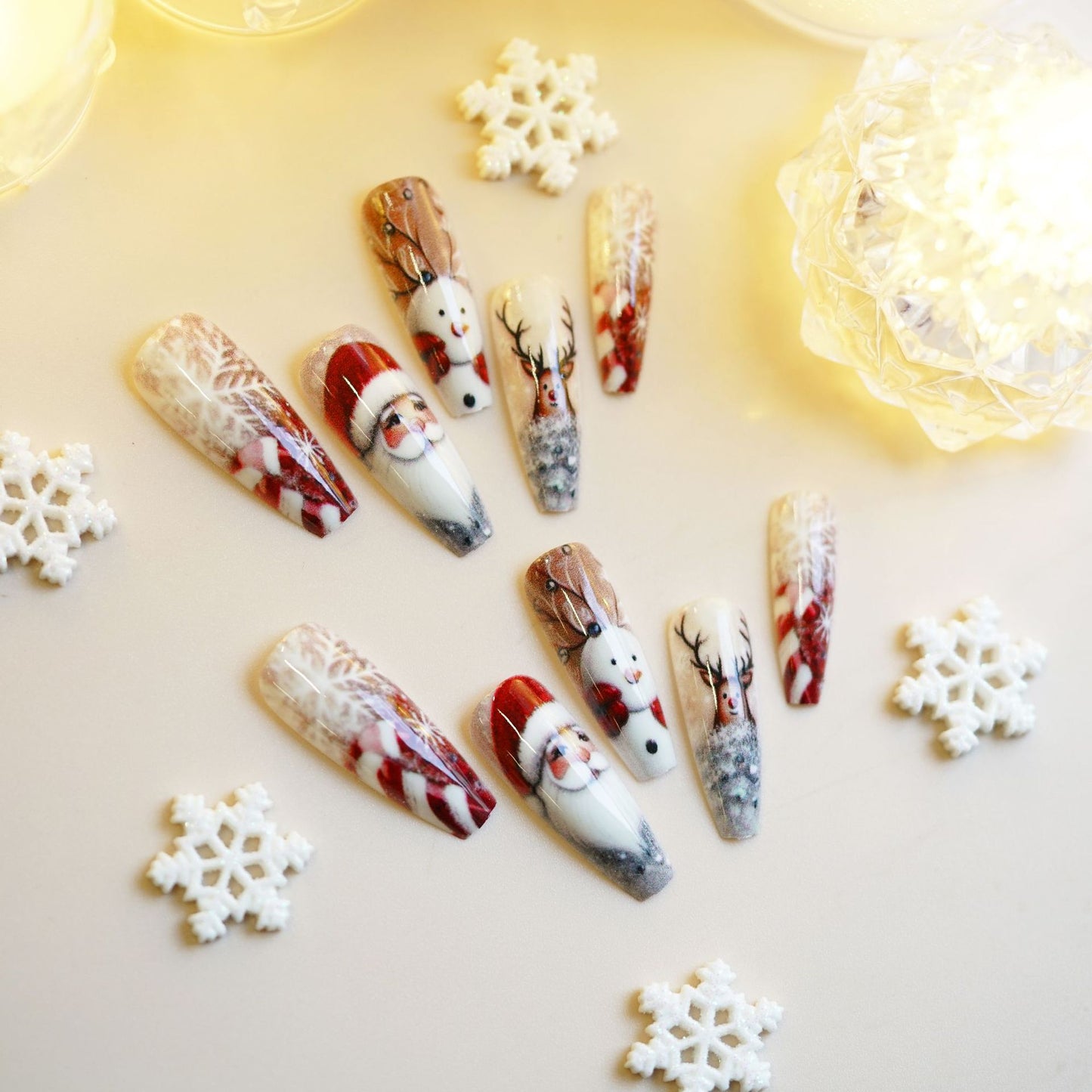 Winter Wonderland Long Coffin Red and Brown Press On Nail Set Featuring Festive Santa and Snowman Designs