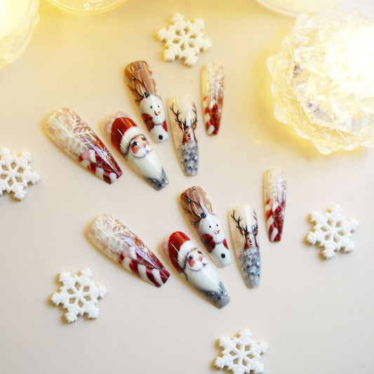 Winter Wonderland Long Coffin Red and Brown Press On Nail Set Featuring Festive Santa and Snowman Designs