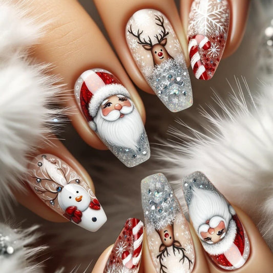 Festive Holiday Charm Long Coffin Red and Silver Glitter with Santa and Reindeer Design Press On Nail Set