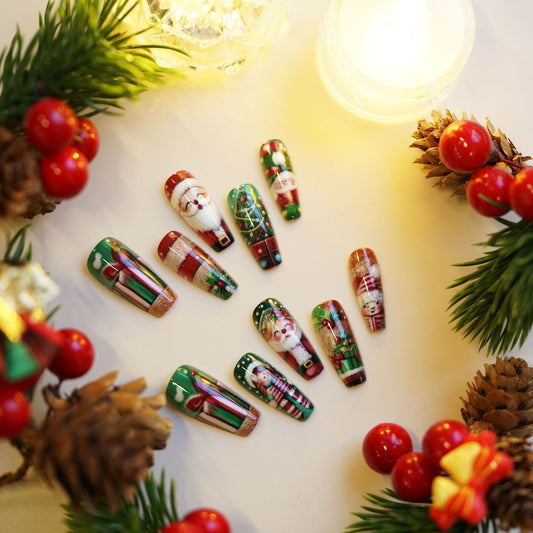 Festive Charm Long Coffin Green and Red with Whimsical Santa and Holiday Designs Nail Set