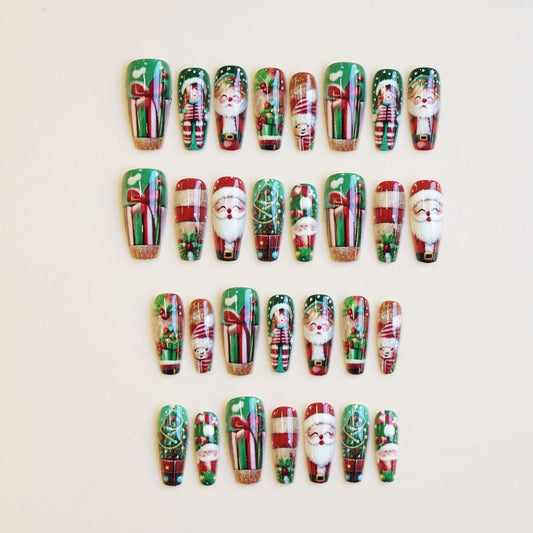 Jolly Holiday Long Coffin Green and Red Press On Nail Set with Festive Santa and Gift Designs