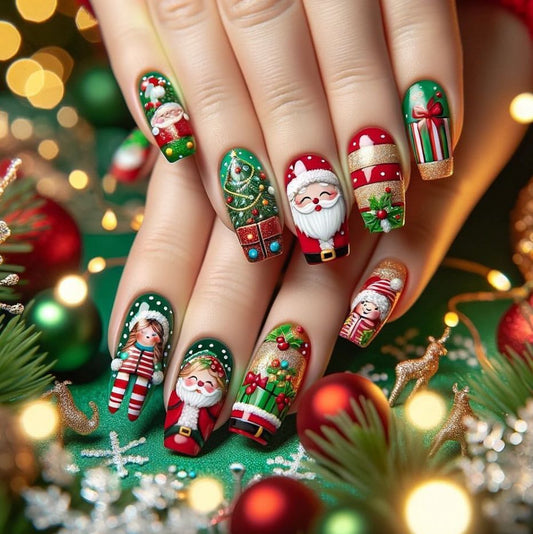 Festive Holiday Glamour Long Square Red Green with Charming Santa and Christmas Tree Designs Press on Nail Set