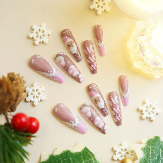 Festive Charm Long Coffin Pink with Santa Design Press-On Nail Set