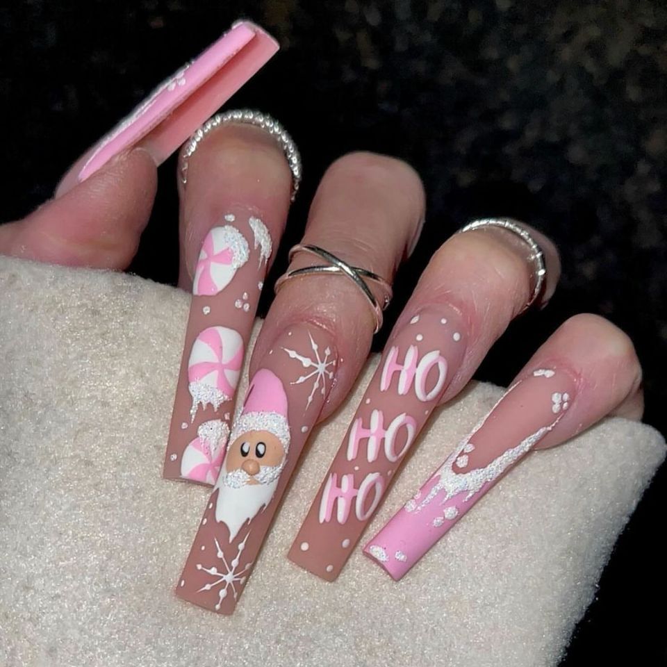 Festive Holiday Charm Long Square Pink with Whimsical Santa and Candy Cane Design Nail Set