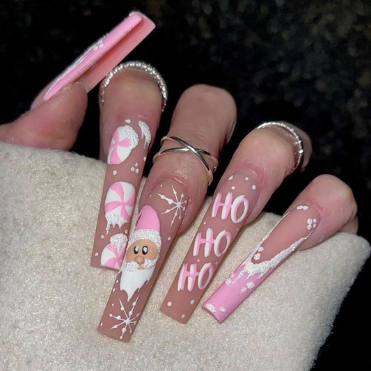 Festive Holiday Charm Long Square Pink with Whimsical Santa and Candy Cane Design Nail Set