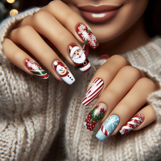Festive Winter Wonderland Long Square Red and White Press On Nail Set with Unique Holiday Designs