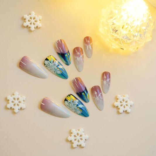 Winter Wonderland Long Almond Gradient Blue and Purple with Floral Design Press-On Nail Set
