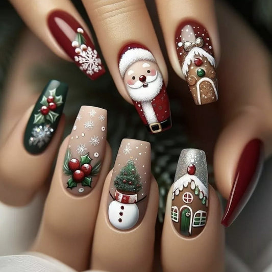 Festive Elegance Long Square Burgundy Green and Beige Press-On Nail Set with Christmas Themed Art