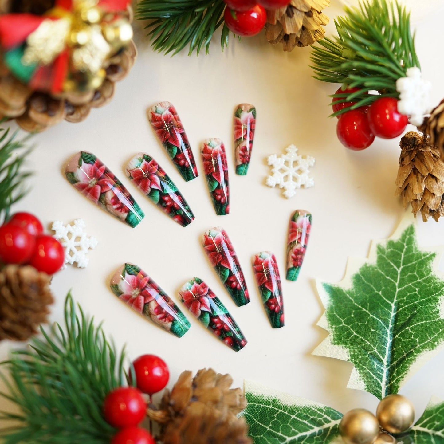 Festive Elegance Long Coffin Green and Red Floral Design with Sparkling Details Press-On Nail Set