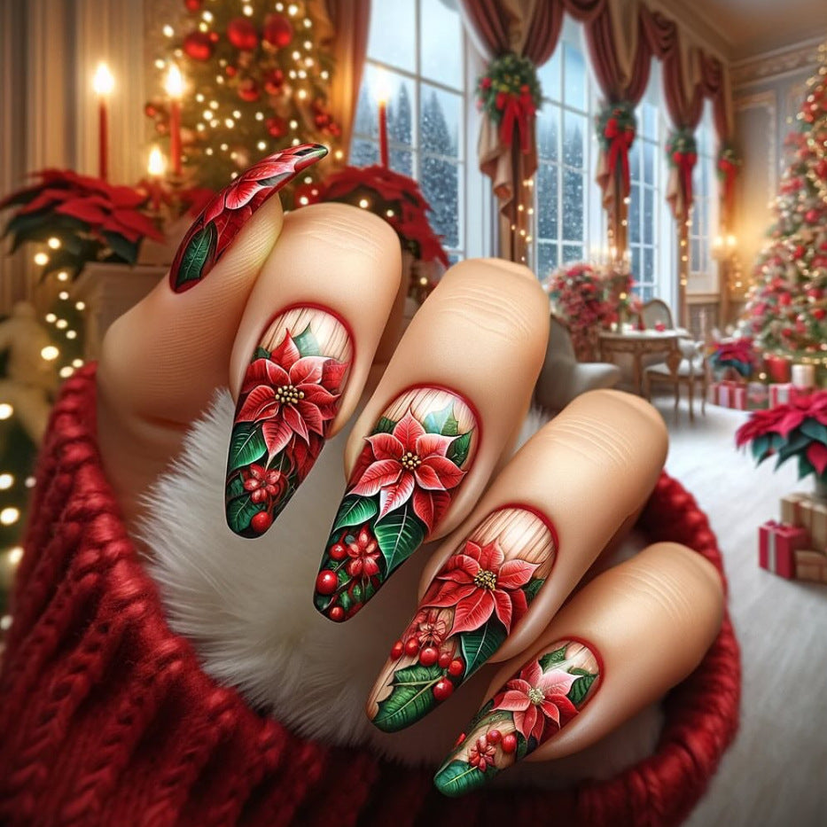 Festive Elegance Long Almond Red with Poinsettia Floral Design Press On Nail Set