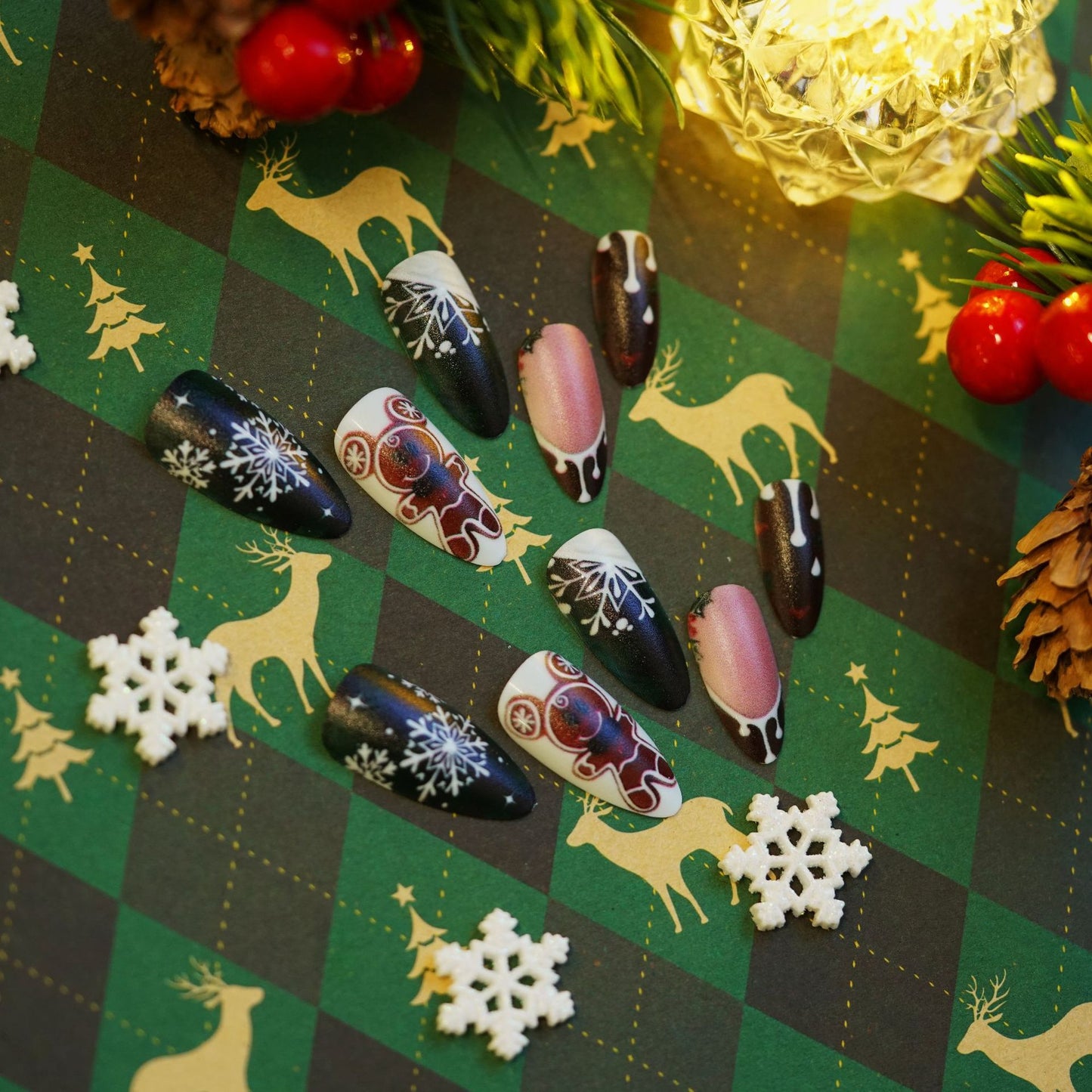 Winter Wonderland Medium Almond Black and White Press-On Nail Set with Festive Gingerbread Design