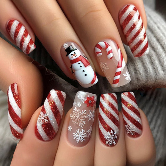 Winter Wonderland Long Square Red and White Glittery Snowman Press On Nail Set