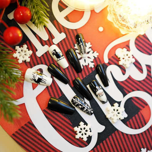 Holiday Cheer Glamorous LongCoffin  Black and White Snowflake and Santa Themed Press on Nail Set