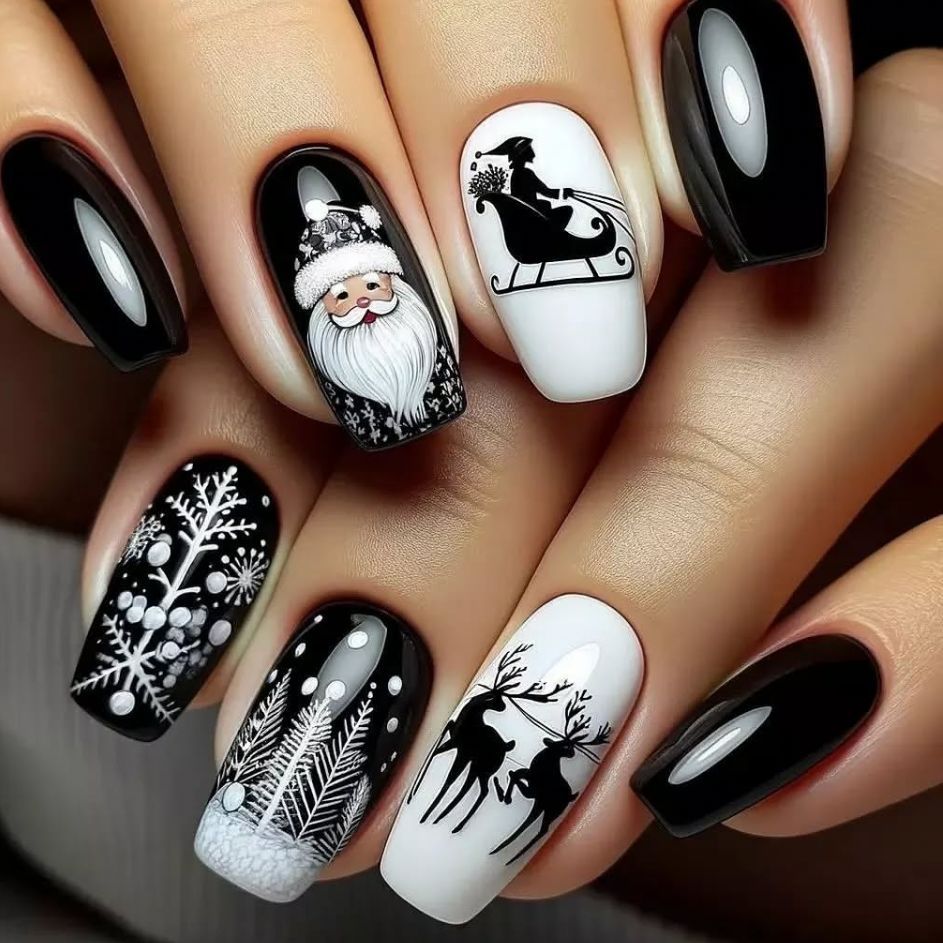 Festive Winter Elegance Long Square Black and White Nail Set with Charming Holiday Designs