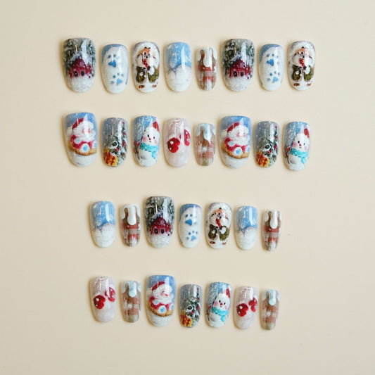 Set of Christmas-themed nail art designs on a beige background