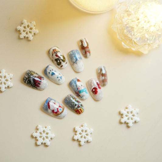 Winter Wonderland Miniature Art Scene Medium Oval Blue and White Festively Painted Nail Set